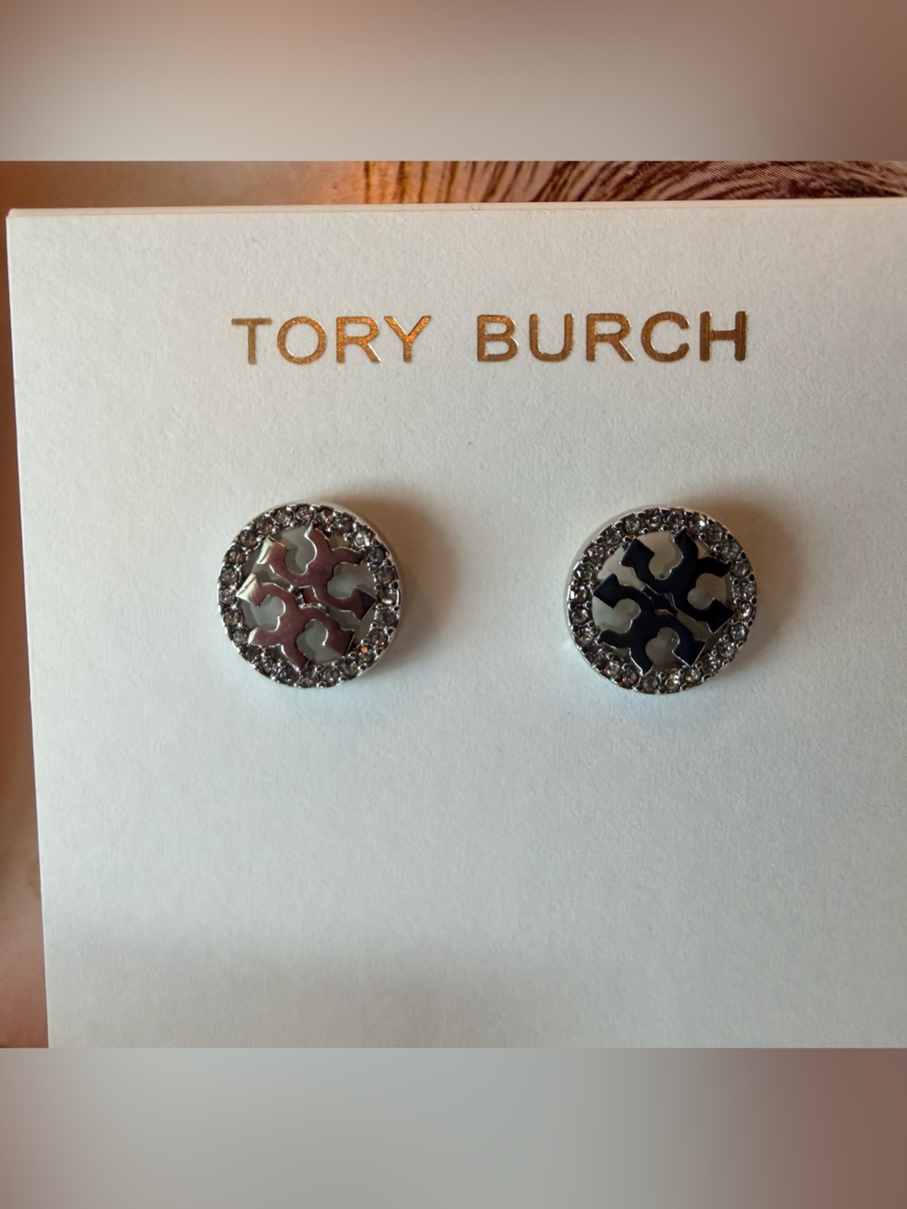 Tory Burch Silver Logo Stud Earrings with Black Enamel